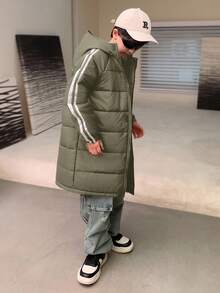 SHEIN 儿童/青少年男童休闲运动拼布派克大衣，厚连帽中长款梭织棉服，适合通勤、上学、日常休闲、旅行、运动、春夏秋冬 - 軍綠色 - 查看 8