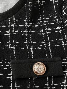 青少年女孩休闲简约舒适纽扣设计圆领长袖连衣裙 - 黑色 - 查看 4