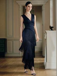 Anewsta 女士新款优雅无袖流苏蓝色长裙，适合宴会、生日派对、酒会