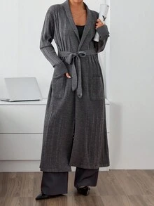 EURMUSE Women Cardigan With Rib Knit Grey Long With Belt,Cardigans,Petite,Tall - Grey - View 4