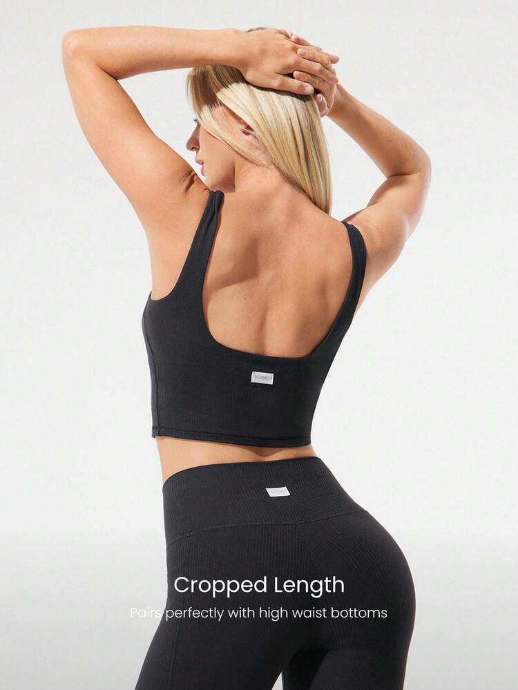 Biustonosz sportowy FeatherFit™ Ribbed Flex Soft Square Neck Low Impact Yoga Pilates Studio Codzienny strój na co dzień Wyjmowane miseczki