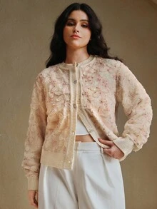 Anewsta 大码女式秋季二合一3D蕾丝花卉长袖单排扣针织开衫 - 粉色 - 查看 2