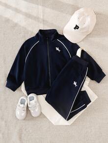 SHEIN Playful Pals Boys Casual Embroidered Contrast Stripe Zip-Up Top And Sweatpants Set, Autumn/Winter Fall