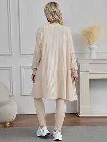 SHEIN Bộ 2 áo liền quần và áo khoác dệt kim gân cho bà bầu - Màu be - Xem 7