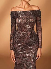 Serin 优雅奢华珍珠亮片花卉露肩透视长袖美人鱼连衣裙，适合婚礼、派对、度假、庆典、新娘送礼会、新娘母亲礼服 - 咖啡棕 - 查看 1