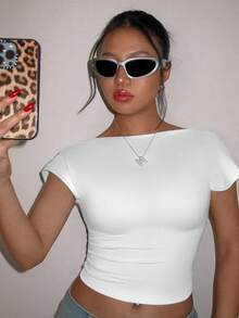 SHEIN MOD 性感休闲纯色百搭露背短袖女式T恤，适合夏季