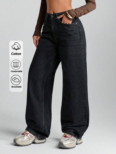 EURMUSE Black Everyday Jean Mid Waist Straight Leg Baggy Jeans Wide Leg Jeans Loose Jeans Oversized Jeans Jeans
