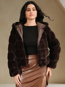 Anewsta Chaqueta de moda de manga larga con abertura frontal y piel sintética para mujer de talla grande, otoño/invierno - Café integral - Ver 4