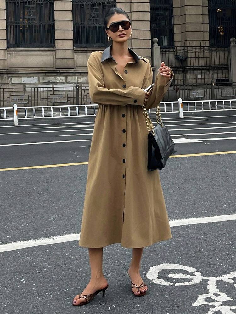 Women's Contrast Color Lapel Long Sleeve Single-Breasted Casual Shirt Midi Dress