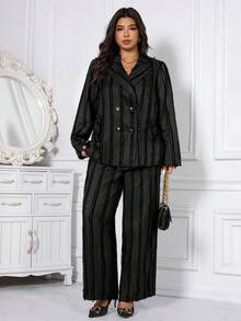 SHEIN Clasi بدلة رياضية مكونة من بليزر مزدوج الصدر مخطط وبنطال فضفاض واسع الساق مقاس كبير - الأسود - مشاهدة 5