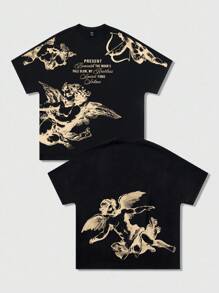 ROMWE MEN Goth Áo thun nam tay ngắn in họa tiết cánh dơi, thích hợp mặc hàng ngày vào mùa xuân/hè, Halloween, phong cách thập niên 2000 - màu đen - Xem 3