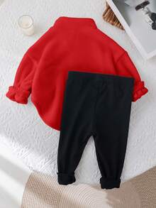 SHEIN Young Girl Cute Letter Printed Stand Collar Fluffy Top & Elastic Waist Long Pants Set Fall Winter - Red - View 2