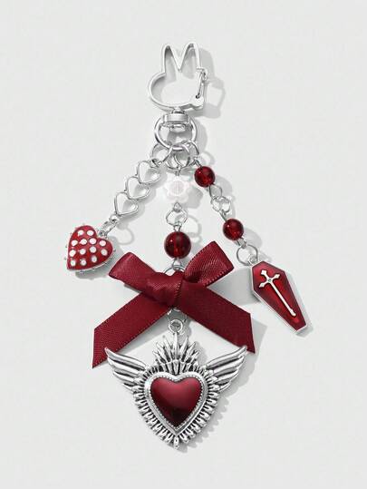 Grunge Punk 1pc Y2K Creative Sweet & Cool Vintage Fashion Unique Red Resin Bead Coffin Drip Oil Cross Ribbon Bow Hollow Wing Heart DIY Keychain & Keyring Bag Charm, Suitable For Women, Daily Wear, Holiday Gift