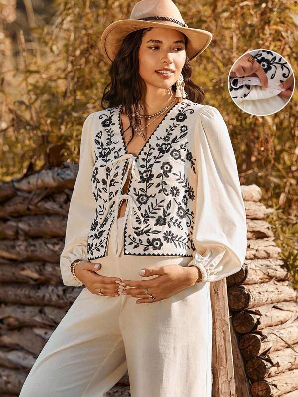 Boho Mama 2 piezas Conjunto de camisa y pantalones casuales de maternidad con bordado floral