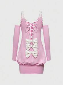 ROMWE J-Fashion Đầm dài ngang vai phối ren thêu họa tiết nơ thanh lịch dành cho nữ - Hồng - Xem 2