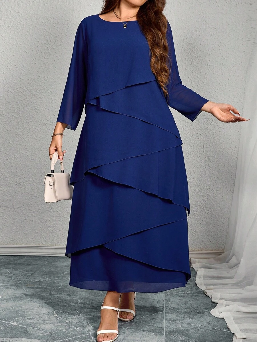 EMERY ROSE Elegant Multi-Layer Cake Design Long Dress For Plus Size Women - Dusty Blue - View 1