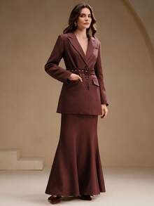 Anewsta Office Lady Brown Elegant Suit Set, Long Sleeve Jacket And Mermaid Maxi Skirt, Autumn/Winter - Coffee Brown - View 4