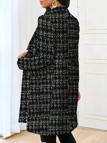 SHEIN Lady 大码秋冬优雅通勤办公黑白格纹针织翻领纽扣长袖风衣，秋冬办公室商务休闲女装，适合女性冬季穿着，优雅时尚，适合女性秋季工作、办公室、商务休闲外出穿着 - 黑色 - 查看 3
