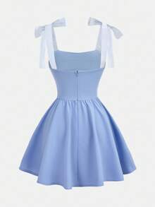 SHEIN Girlism 少女网眼细肩带蝴蝶结褶饰连衣裙，优雅适合春、夏、秋、冬、返校、派对、约会 - 藍色 - 查看 2