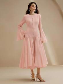 Anewsta 优雅的乳白色长袖喇叭连衣裙，纽扣喇叭袖 - 粉色 - 查看 3