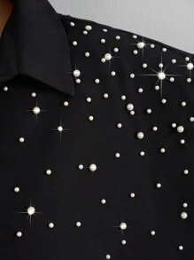 RueChic Cottnline Pearls Beaded Drop Shoulder Shirt - Black - View 3
