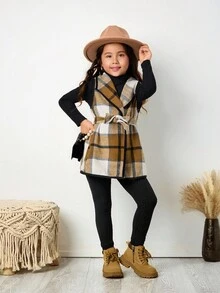 Emery Rose Kids Emery Rose Kids 3pcs/Set Young Girls Urban Fashion Plaid Jacket, Long Sleeve T-Shirt, Pants Set, Suitable For Casual Outings, Parties, Vacations And Other Occasions, Autumn/Winter Toddler Girl Birthday Girl Mommy And Me Matching Halloween Back To School Pink Autumn Fall Sister, Halloween Girls Checkered Outfit Girl Fall Winter Clothes Girls Fall Outfit Sets Girls Plaid Set Two Piece Kids Set Plaid Kids Winter Dresses - Khaki - View 5