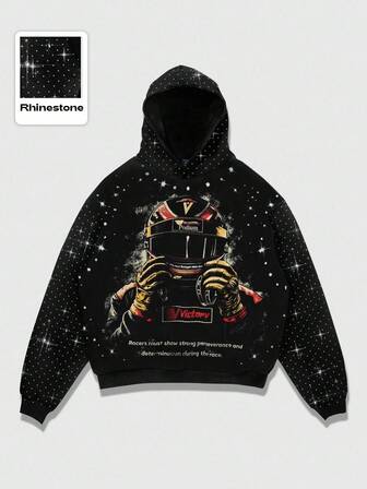 Street Life Sudadera con capucha casual con estampado de astronauta y adornos de rhinestone, estilo callejero de manga larga para otoño/invierno, unisex