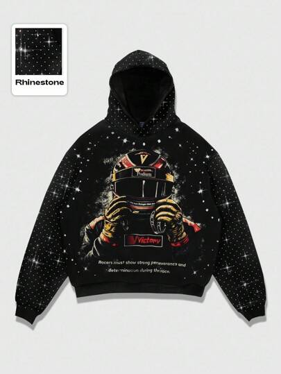 Street Life Sudadera con capucha casual con estampado de astronauta y adornos de rhinestone, estilo callejero de manga larga para otoño/invierno, unisex