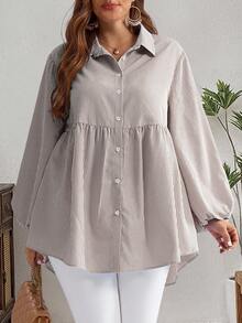 EMERY ROSE 大码冬季女式休闲条纹灯笼袖衬衫，秋季度假女装/女士秋季度假装 - 棕色 - 查看 3