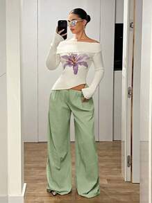 SHEIN ICON 超低腰复古宽松喇叭加长裤 - 綠色 - 查看 2