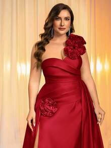 Glamrae Váy dạ hội trang trọng hở vai cổ tim thanh lịch & lãng mạn cỡ lớn 3D trang trí hoa xẻ cao viền đuôi cá - Đỏ - Xem 9