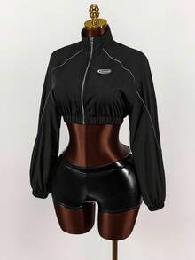 Amplova Áo khoác nữ mùa thu có chi tiết vá chữ tương phản viền ống màu đen - màu đen - Xem 9