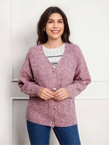 SHEIN LUNE Women Casual Drop Shoulder Loose Cardigan, Valentine's Day Pink Sweater Spring Clothes