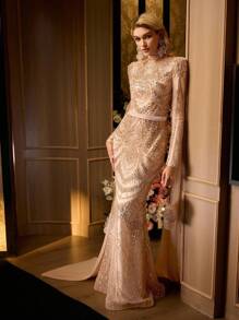 MOTF Soiréza 奢华珠饰鱼尾下摆雪纺晚礼服 - 优雅长裙，适合正式活动和特殊场合 - 香檳色 - 查看 4