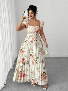 Elenzga 大码女式复古法式花卉印花荷叶边袖方领束腰长裙，适合度假和约会穿着 - 彩色 - 查看 6