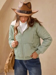 Wildy 秋装 冬装 大衣 鼠尾草绿色棉质羊毛夹克 女士休闲保暖连帽夹克，秋冬女士夹克 短款夹克 外套 女士绗缝夹克 女士冬装 女士秋装 女士轻便夹克 女士西部服饰 女士绗缝夹克