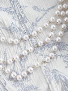 SHEIN MOD Váy quây đính ngọc trai xanh trắng - Xanh và trắng - Xem 3