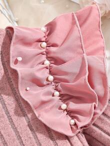 2pcs/Set Girls Elegant Pink Ruffled Pearl Decor Long Sleeve Ribbed Knit Top And PU Elastic Waist Skirt Set,Autumn Country Concert Outings Gatherings - Pink - View 8