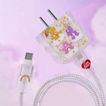 SHEIN X Care Bears Data Cable Protective Cover, Compatible With IPhone Charger, Bear Printing Pattern, 3 Pieces Set Protector, Charger Protector (Excluding Data Cable)