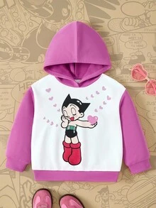 Astro Boy X SHEIN sweat-shirt à capuche à manches longues avec graphique de personnage de dessin animé mignon en blocs de couleurs pour jeune fille - Multicolore - Voir 1