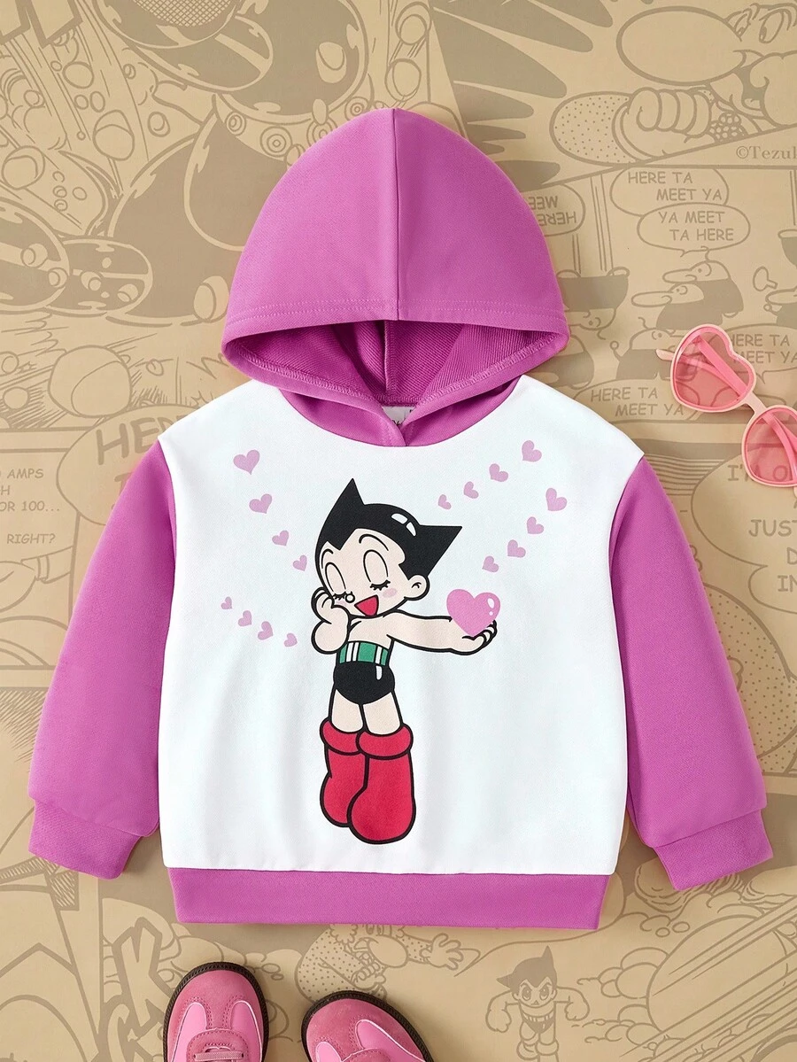 Astro Boy X SHEIN sweat-shirt à capuche à manches longues avec graphique de personnage de dessin animé mignon en blocs de couleurs pour jeune fille - Multicolore - Voir 1