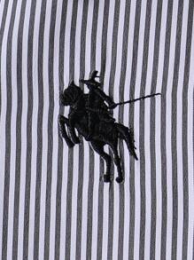 1pc Girls' Turndown Collar Long Sleeve Button-Up Striped Shirt With Embroidered Front Graphic, Casual Blouse For Autumn Fall Winter