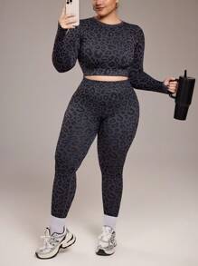 Rhythm Era 大码女式豹纹长袖上衣和紧身裤套装健身套装 - 彩色 - 查看 2