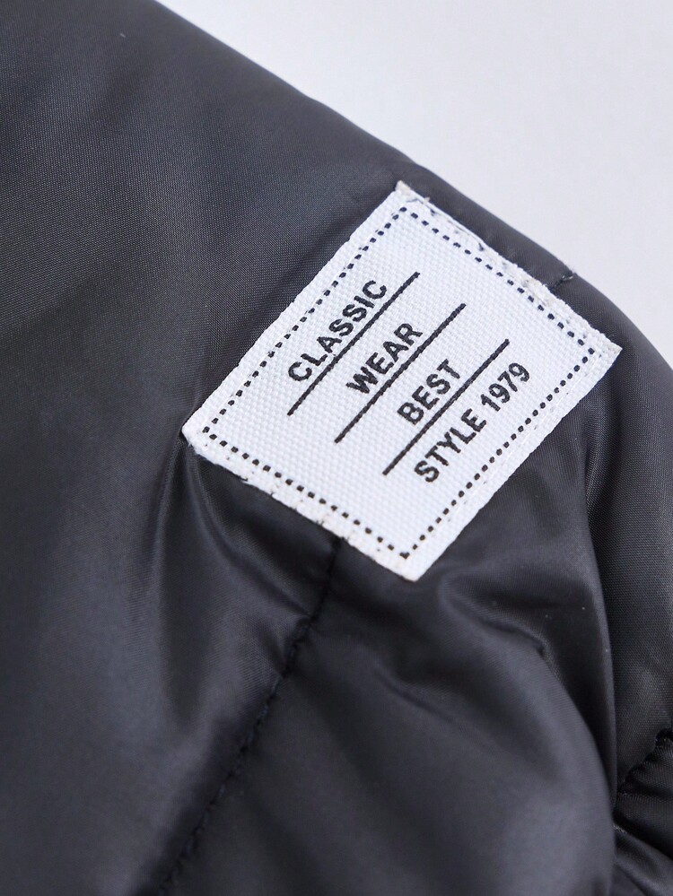 SHEIN 男童黑色中长款绗缝外套，保暖、休闲、百搭、厚冬季夹克 - 黑色 - 查看 4