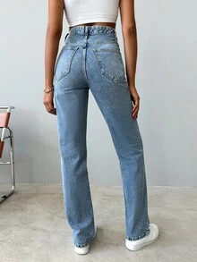 SHEIN Tall Tall High Waist Snow Wash Straight Jean Work Clothes Women Jeans For Women Women Jeans High Waisted Women Clothing Jeans Jeans Women High Waist - Medium Wash - View 2