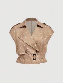 SHEIN MOD 秋冬大码碎花无袖风衣夹克 - 棕色 - 查看 3
