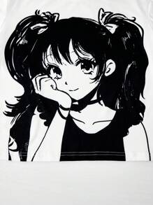 2pcs/Set Cartoon Girl Print Casual Minimalist Short Sleeve Top And Pants For Teen Girls - White - View 5