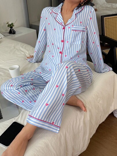 Multi Pajama Set, Blauw Button Up Long Sleeve Top Pocket Heart Print Gestreepte Pants Fall Clothes Cozy Elegante view 6