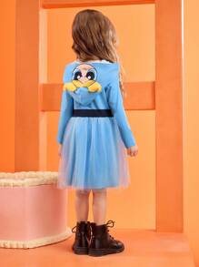 THE POWERPUFF GIRLS X SHEIN 可爱蓝色小女孩泡泡人物印花3D耳朵连帽连衣裙COS服装，适合秋冬季、万圣节、生日派对 - 藍色 - 查看 8