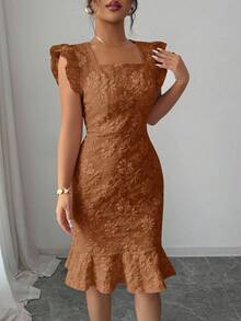 Elenzga Váy đi làm bằng vải jacquard cổ vuông tay lửng thanh lịch dành cho nữ, mùa hè - màu nâu - Xem 6